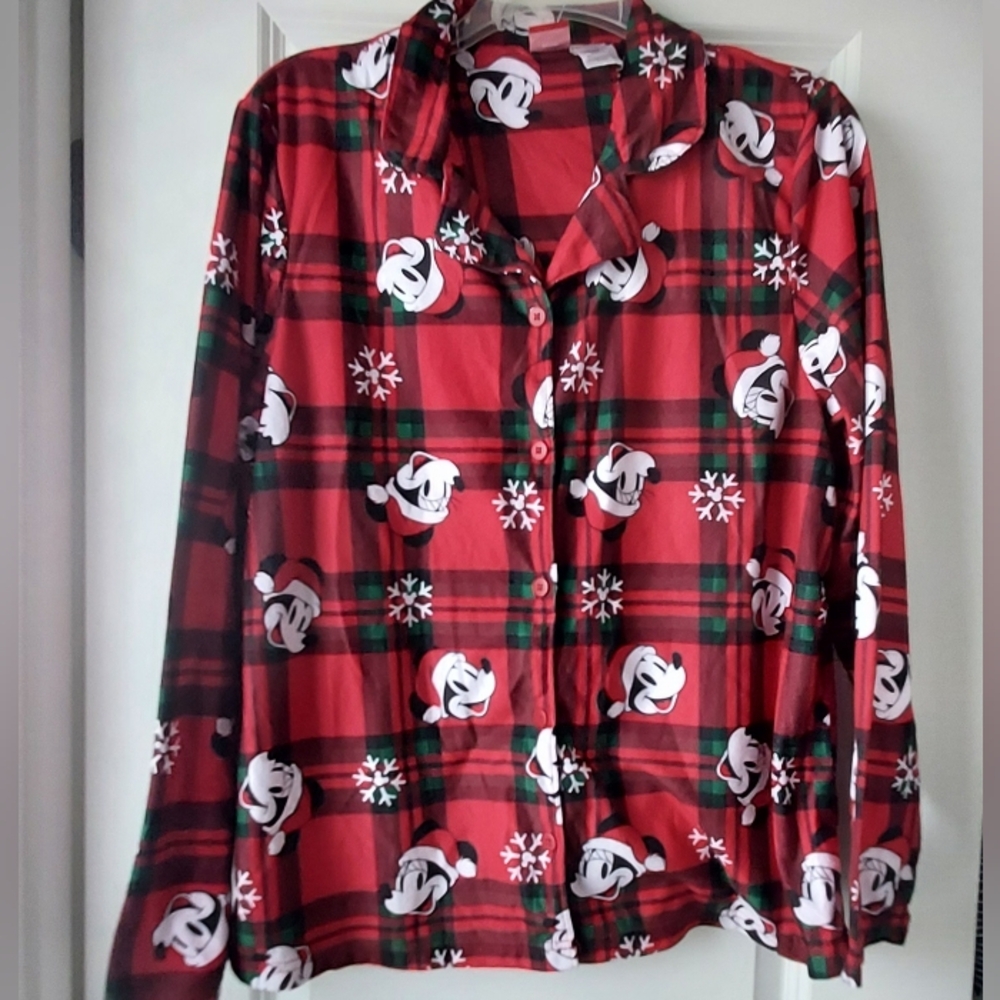 Mickey Mouse Disney Pajama Shirt XL Red Black Plaid Long Sleeve Holiday Flannel